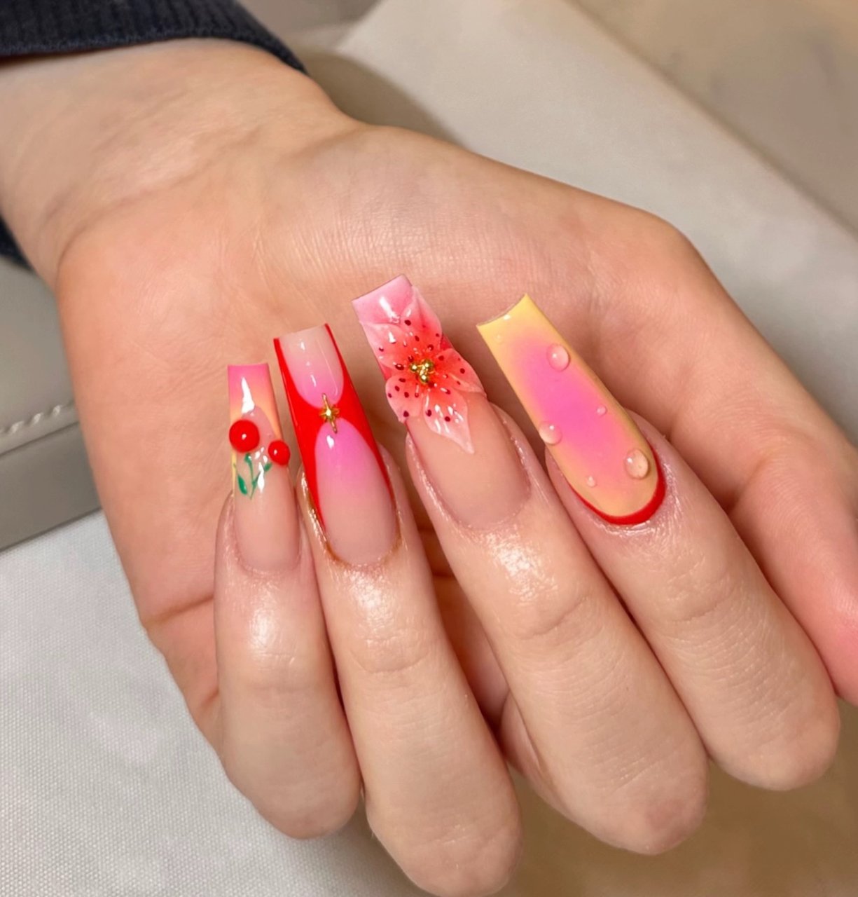 Coffin nails with red 3D flowers