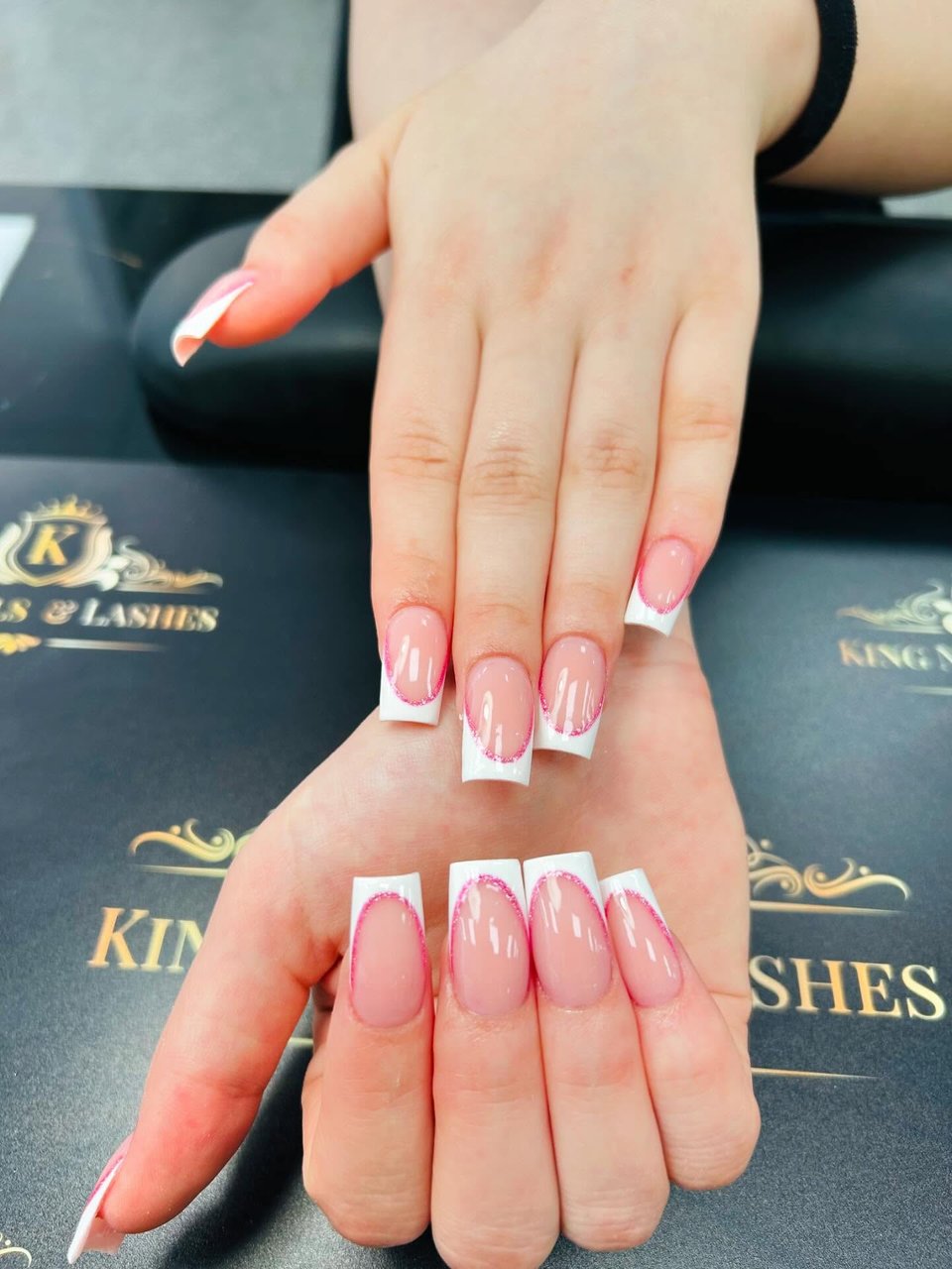 Square French with pink glitter edge