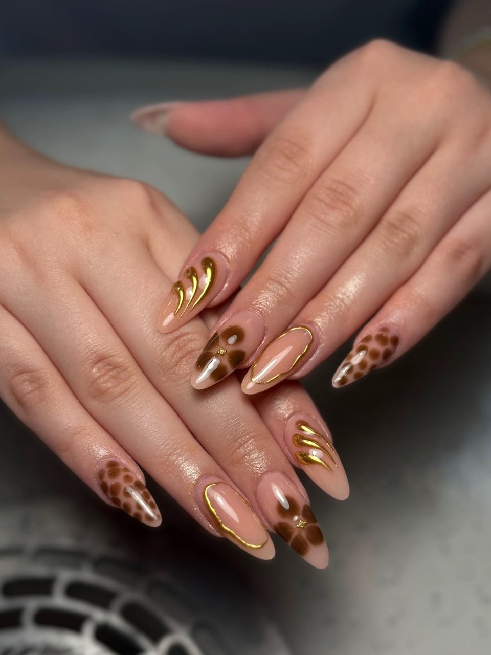 Nude with gold chrome & flowers