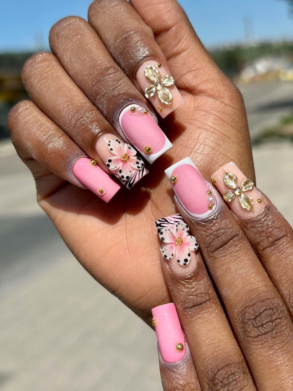 Pink square nails with flowers & rhinestones