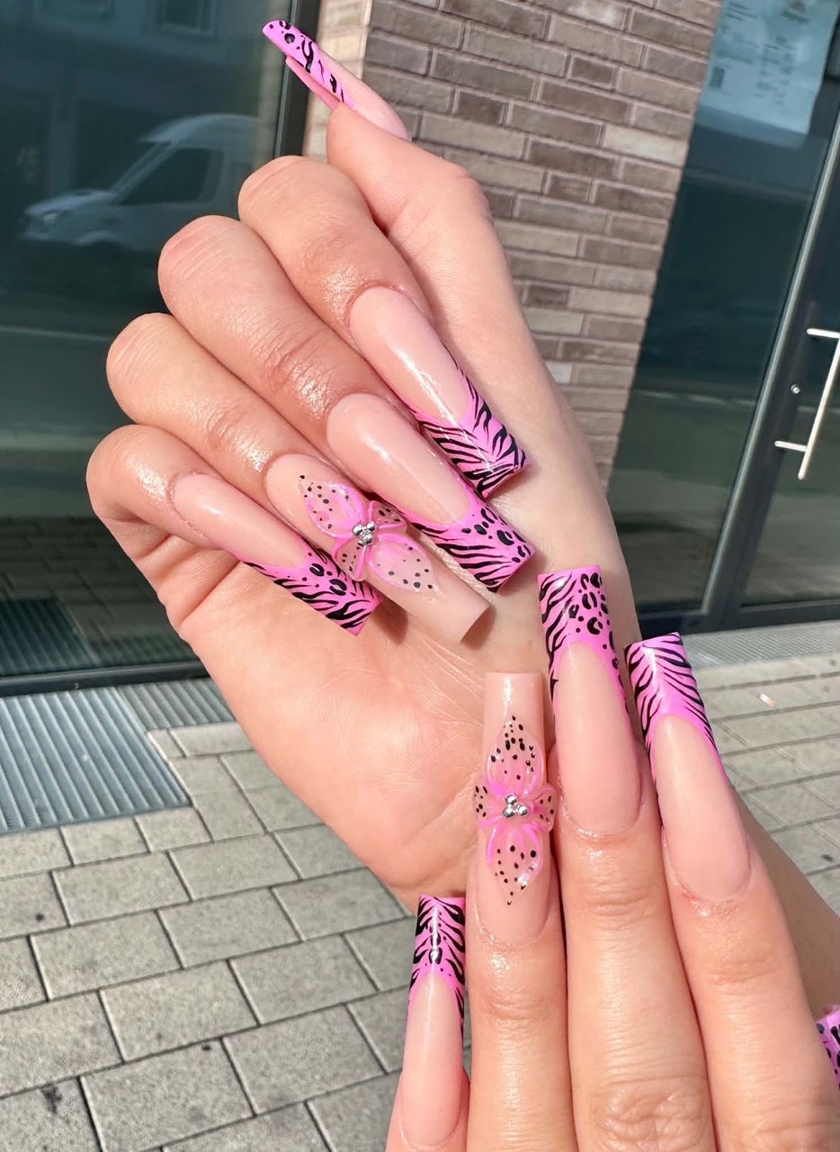 Pink zebra French on long nails