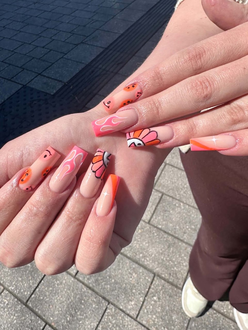Colourful nails with flames & flowers