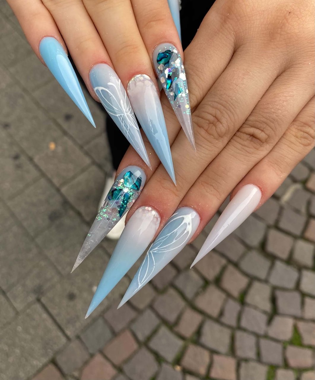 Light blue stilettos with glitter