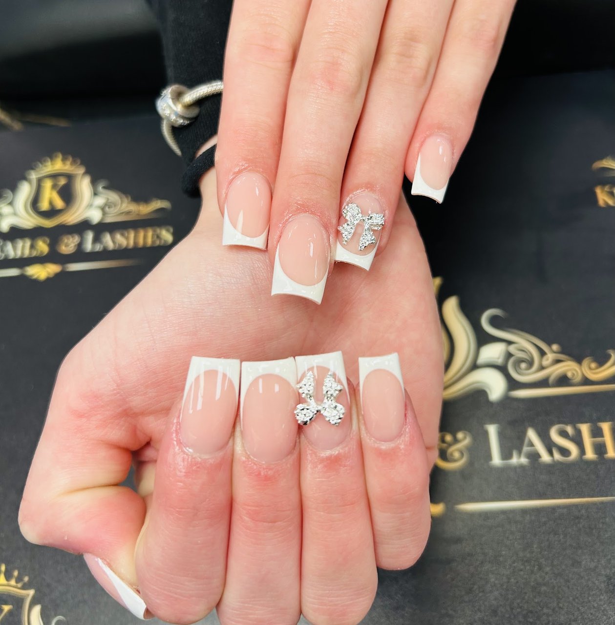 Square French with rhinestone bows