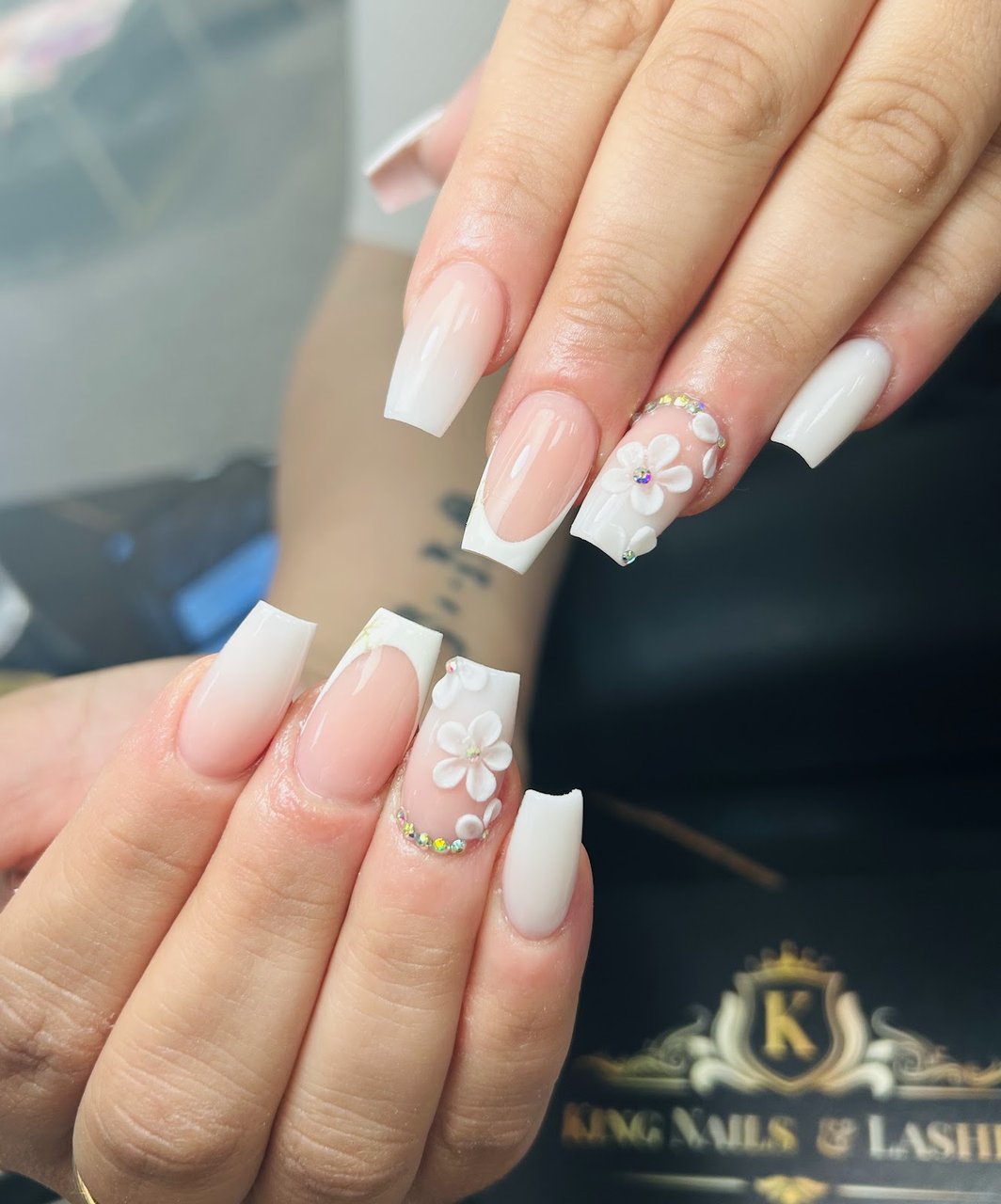 Milky white French with 3D flowers
