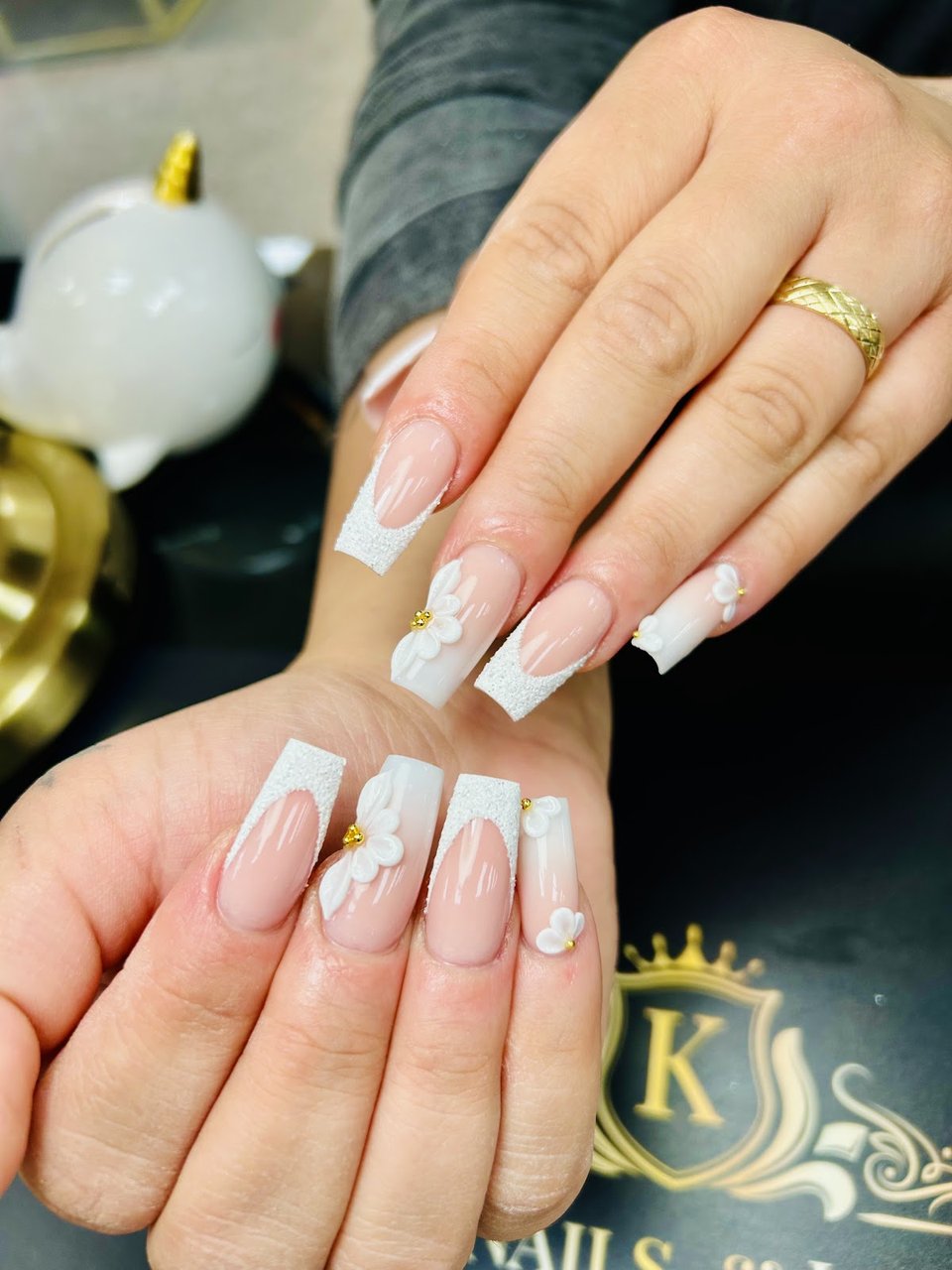 White French with 3D flowers